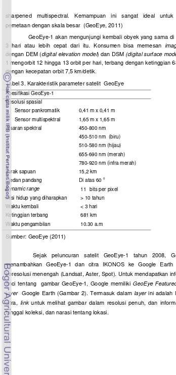 Tabel 3. Karakteristik parameter satelit  GeoEye 