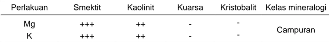 Tabel 1.  Hasil analisis mineral liat dengan XRD dan kelas mineralogi contoh dari  Desa Bakung Lor, Cirebon 