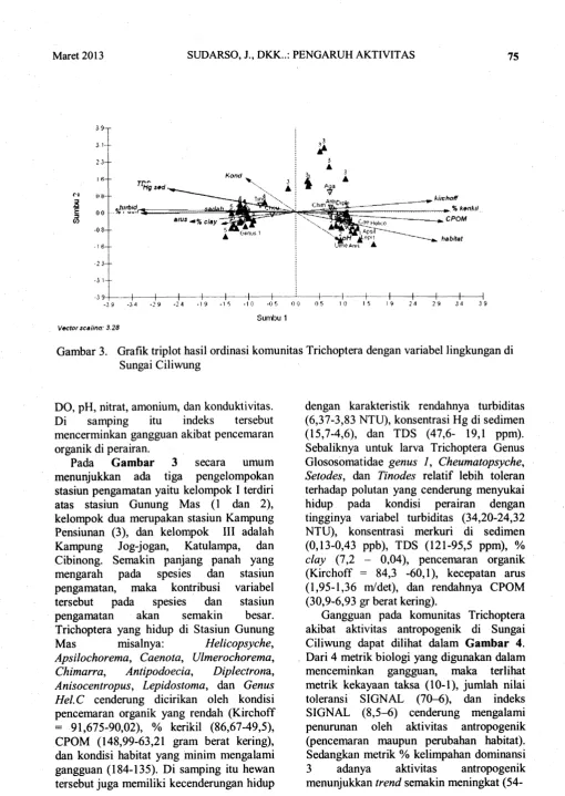 Gambar 3. Grafik triplot hasil ordinasi komunitas Trichoptera dengan variabel lingkungan di