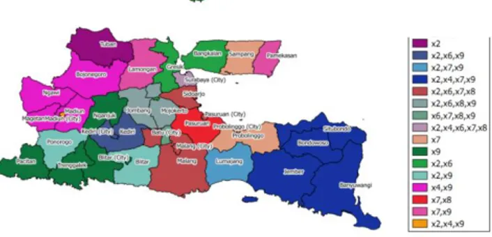 Gambar  1  merupakan  peta  pengelompokan  kabupaten/kota di Jawa Timur berdasarkan peubah  yang  signifikan  mempengaruhi  jumlah  kematian  bayi