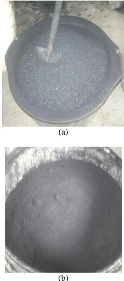 Gambar  2.Serbuk  arang  tempurung  kelapa  dalam  (a)  ukuran  kasar  hasil  satu  kali  penggilingan;    (b)  dalam  ukuran halus hasil dua kali penggilingan 