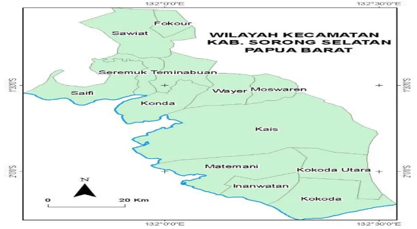 Gambar 1. Peta Administrasi Per Distrik di Kabupaten Sorong Selatan