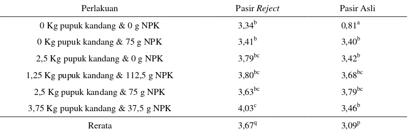 Tabel 7. Rerata berat tongkol tanpa klobot tanaman jagung (dalam gram) dengan berbagai kombinasi pupuk kandang dan pupuk NPK (15:15:15) pada pasir reject dan pasir asli 