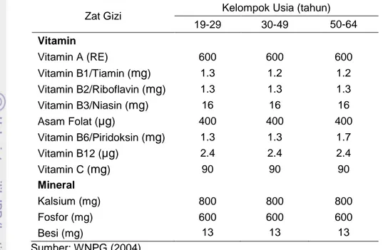 Tabel 4  Angka  kecukupan  zat  gizi  mikro  pria  dewasa  berdasarkan  kelompok  usia 
