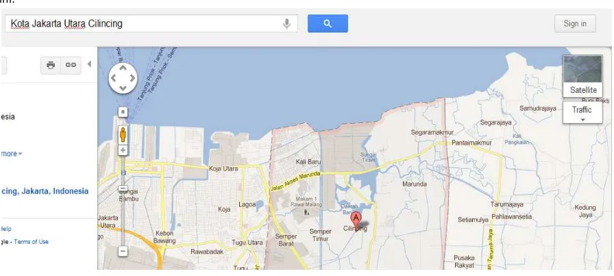 Gambar 4. Jendela Pencarian dengan peta wilayah yang dicari melalui Google Map. 