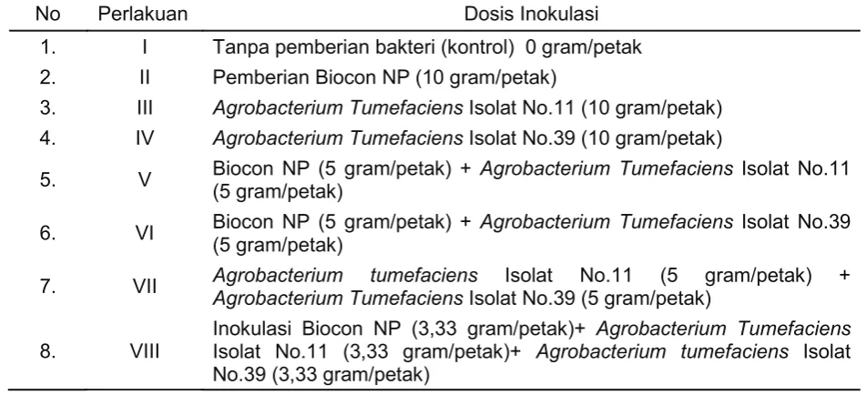 Tabel 1. Kombinasi Perlakuan Bakteri dan Dosis Inokulasi