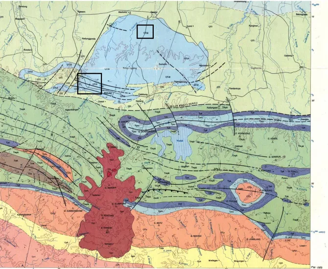Gambar 1. Lokasi penelitian dengan latar belakang Peta Geologi Lembar Bojonegoro (Pringgoprawiro  dan Sukido, 1992)