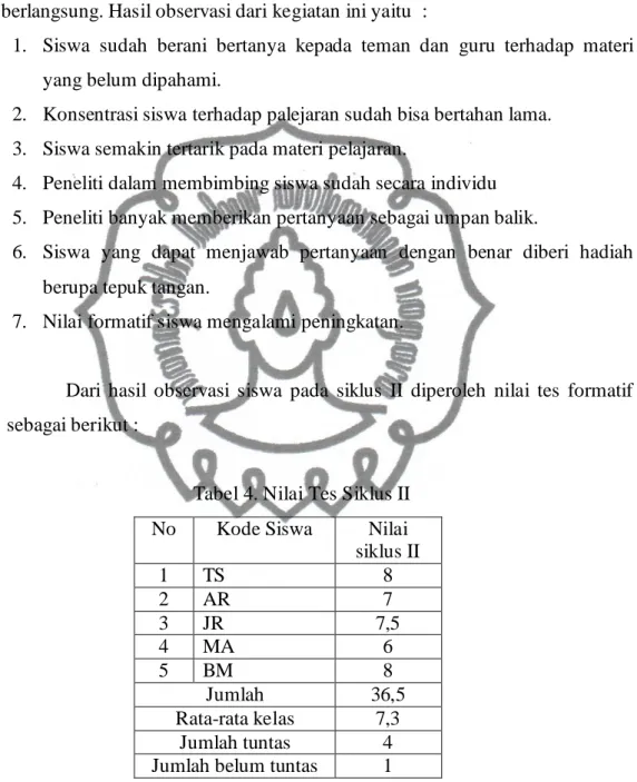 Tabel 4. Nilai Tes Siklus II  No  Kode Siswa  Nilai 