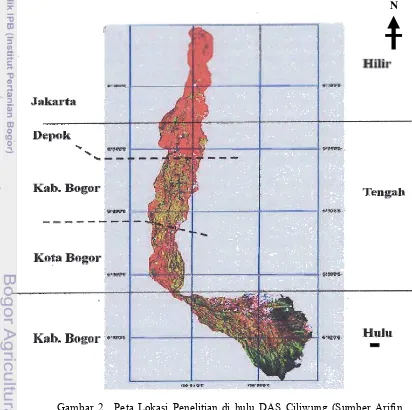 Gambar 2.  Peta Lokasi Penelitian di hulu DAS Ciliwung (Sumber Arifin, 