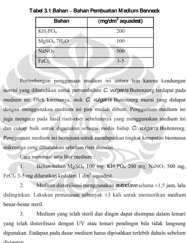 Tabel 3.1 Bahan ± Bahan Pembuatan M edium Benneck  Bahan  (mg/dm 3  aquadest) 