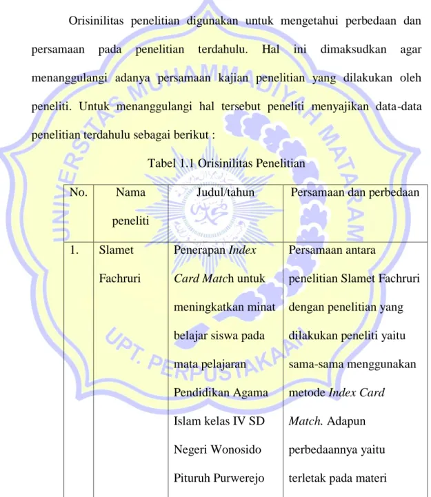 Tabel 1.1 Orisinilitas Penelitian 
