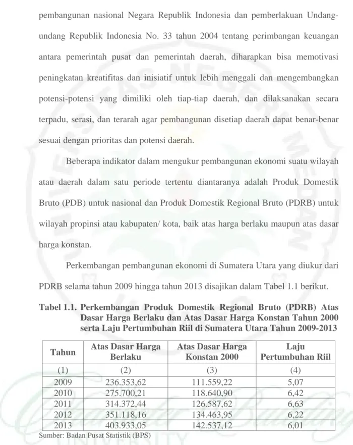 Tabel 1.1. Perkembangan Produk Domestik Regional Bruto (PDRB) Atas  Dasar Harga Berlaku dan Atas Dasar Harga Konstan Tahun 2000  serta Laju Pertumbuhan Riil di Sumatera Utara Tahun 2009-2013 