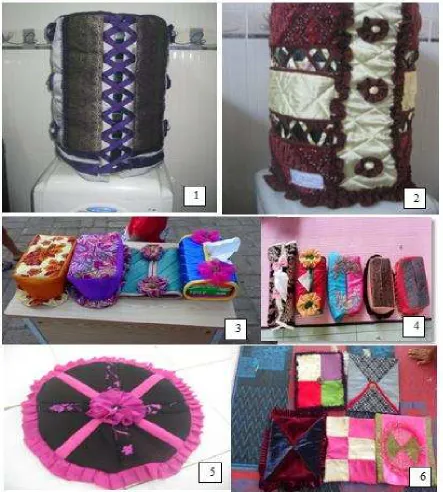 Gambar 1.  Berbagai Produk Kerajinan Rumah Tangga  yang Dihasilkan dari Limbah Tekstil padaTasal  TPA Gampong Jawa, Banda Aceh