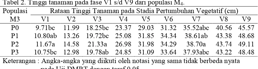 Tabel 2. Tinggi tanaman pada fase V1 s/d V9 dari populasi M4.