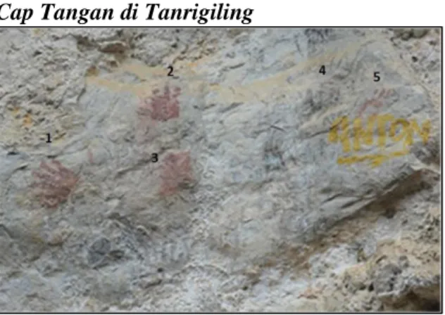 Gambar 4. Cap tangan di dinding tebing di Desa  Lunjen, Buntu Batu, Enrekang. 