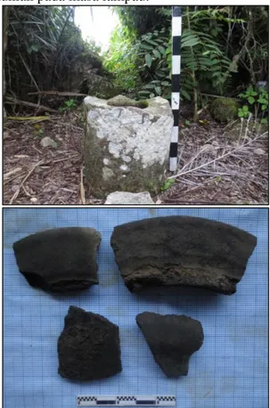 Gambar 10. Lumpang batu dan fragmen tembikar  yang ditemukan di puncak Gunung  (Sumber: Balai Arkeologi Makassar, 2016) 