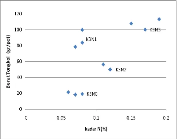 Diagram di atas menunjukkan korelasi  nyata terlihat pada perlakuan regim air K 1  dan  K 2 ,  bobot  tongkol  meningkat  dengan   mening-katnya  kadar  N  tanaman