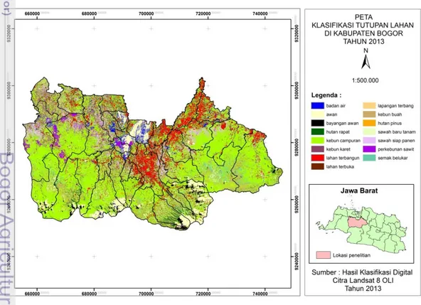 Gambar  2    Peta  klasifikasi  tutupan  lahan  di  Kabupaten  Bogor  menggunakan  Landsat 8 