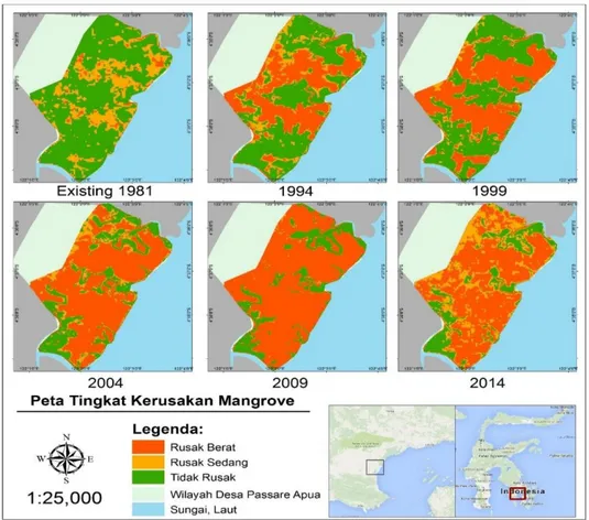 Gambar 2   Peta tingkat kerusakan mangrove periode tahun 1981 – 2014 di Desa Passare Apua