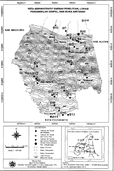 Gambar I . Peta administratif daerah penelitian, lokasi pengambilan sampel, dan petamuka airtanah.