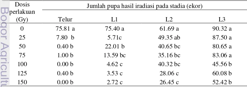 Tabel 3 Pupa B. papayae yang terbentuk dari 100 butir telur dalam pakan buatan 