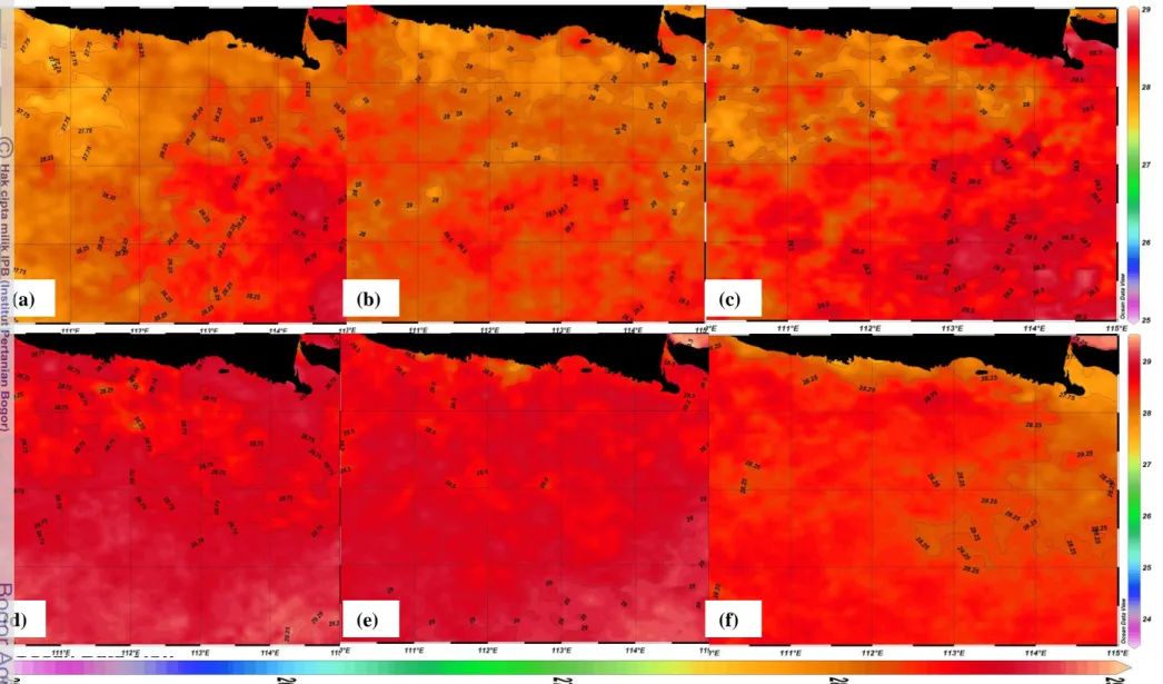 Gambar 9   Rataan sebaran suhu permukaan laut bulanan ( 0 C) pada musim barat periode Desember 2005-Mei 2010; (a) Desember, (b) Januari,                     (c) Feruari, (d) Maret, (e) April, dan (f) Mei