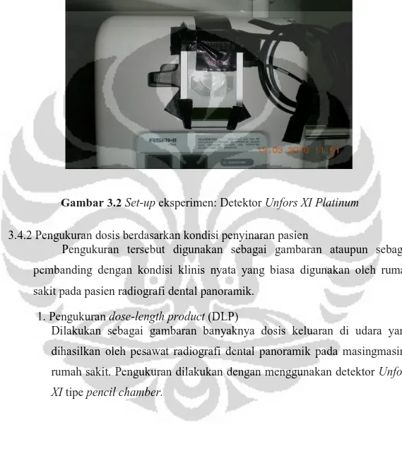 Gambar 3.2 Set-up eksperimen: Detektor Unfors XI Platinum 3.4.2 Pengukuran dosis berdasarkan kondisi penyinaran pasien