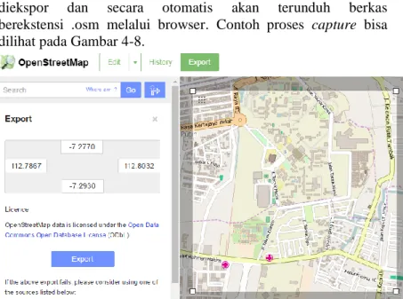 Gambar 4-8 Proses capture peta Surabaya dengan OpenStreetMap  Hasil  dari  proses  tersebut  kemudian  diedit  menggunakan  JOSM
