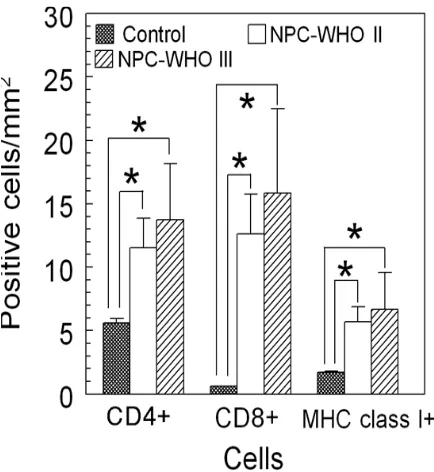 Figure 2. The number of CD4+, CD8+ and MHC class I+ cells in NPC tissues based on the WHO’s pathological classiication
