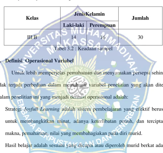 Tabel 3.2 : Keadaan sampel  D.  Definisi  Operasional Variabel 