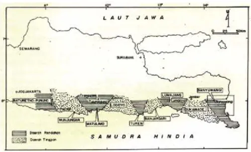 Gambar 2.  Sebaran daerah tinggian (high) dan daerah rendahan (low) di wilayah Pegunungan  Selatan Jawa Timur menurut Nahrowi dkk