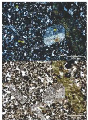 Gambar 6. Foto sayatan tipis lava andesit (19-HS-06), atas: X-nikol,  bawah: //-nikol.