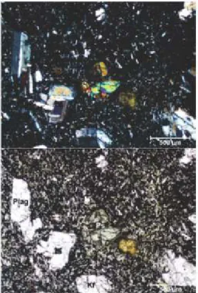 Gambar 8.  Foto sayatan tipis andesit piroksen (19-HS- (19-HS-12), atas: X-nikol, bawah: //-nikol.
