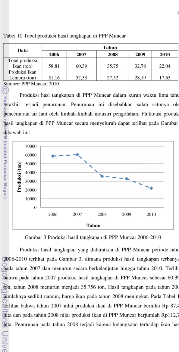 Tabel 10 Tabel produksi hasil tangkapan di PPP Muncar  Data  Tahun  2006  2007  2008  2009  2010  Total produksi  Ikan (ton)  58,81  60,39  35,75  32,78  22,04  Produksi Ikan  Lemuru (ton)  51,16  52,53  27,52  28,19  17,63  Sumber: PPP Muncar, 2010 