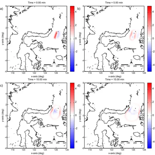 Gambar 4.   Perubahan muka air laut akibat tsunami di area domain 1 pada (a) menit ke-0, (b) menit ke-5, (c) menit  ke-10, dan (d) menit ke-15