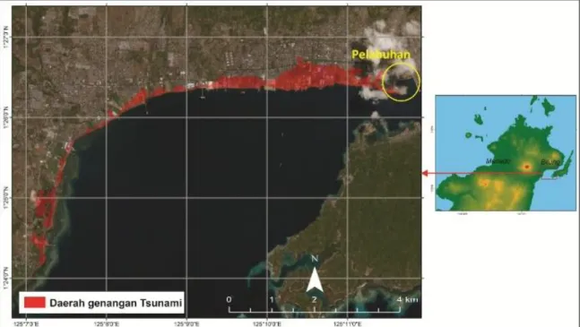 Gambar 7. Peta potensi inundasi tsunami Kota Bitung hasil pemodelan.