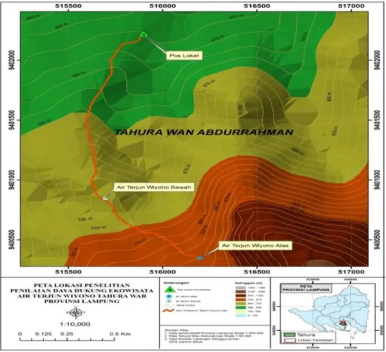 Gambar 2. Peta lokasi penelitian Air Terjun Wiyono Tahura WAR Provinsi Lampung (Setiawan, 2015).