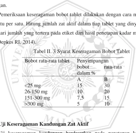Tabel II. 3 Syarat Keseragaman Bobot Tablet  Bobot rata-rata tablet  Penyimpangan 
