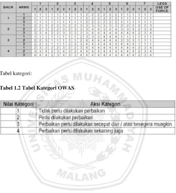 Tabel 1.1 Tabel Penilaian Metode OWAS  
