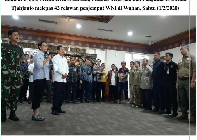 Gambar 4 C1.1 Ketibaan 243 WNI di Batam dari Wuhan. Para WNI melanjutkan  Gambar 3 C1.1 Menlu Retno Marsudi, Menkes Terawan, dan Panglima TNI Hadi 