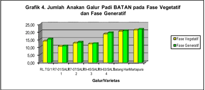 Grafik 4. Jumlah  Anakan  Galur  Padi BATAN pada  Fase  Vegetatif  dan Fase  Generatif