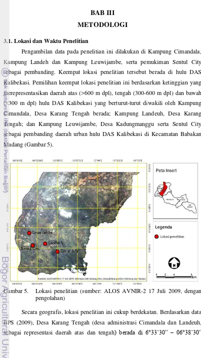 Gambar 5.  Lokasi penelitian (sumber: ALOS AVNIR-2 17 Juli 2009, dengan 