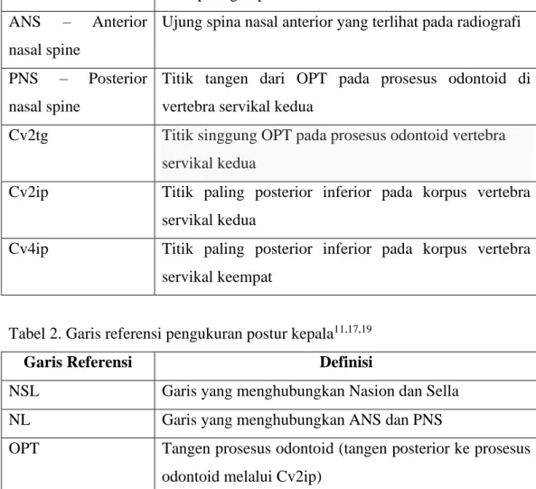 Tabel 2. Garis referensi pengukuran postur kepala 11,17,19 