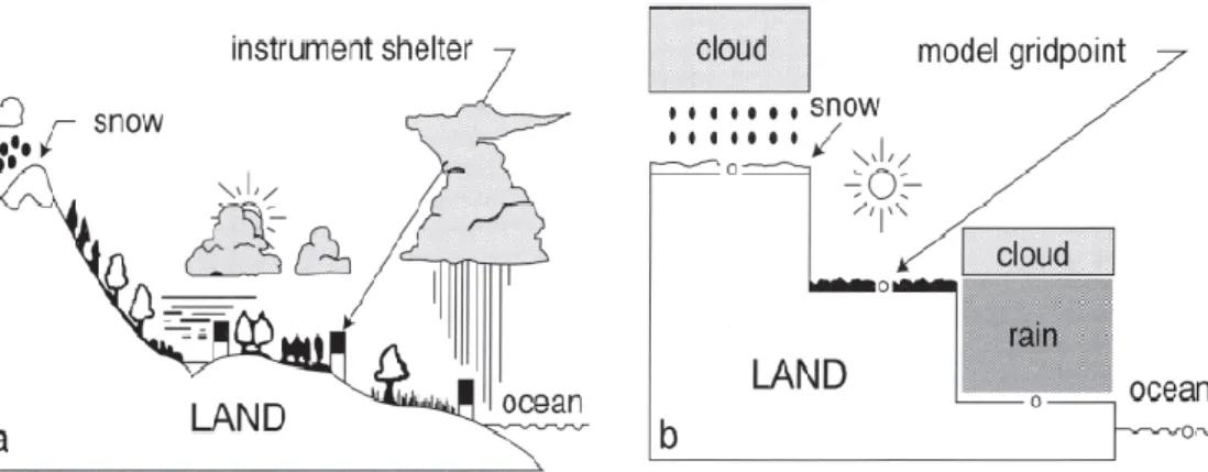 Gambar 2.3 Ilustrasi Kondisi Cuaca (a) Dunia Nyata dan (b) NWP (Linacre dan Geerts,  2003) 