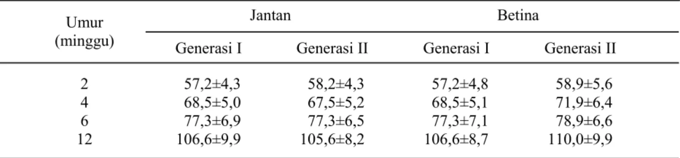 Tabel 3.   Respon seleksi burung puyuh generasi II terhadap generasi I pada populasi terseleksi TT dan RR