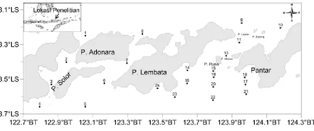 Gambar 1. Stasiun penelitian oseanografi di perairan Lamalera, Nusa Tenggara Timur, Juli 2011 
