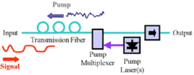 Gambar 3.  Counter-propagasi gelombang pompa dan Sinyal pada penguat raman terpompa  Mundur  