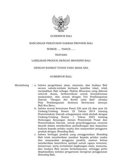 GUBERNUR BALI RANCANGAN PERATURAN DAERAH PROVINSI BALI NOMOR. TAHUN ...