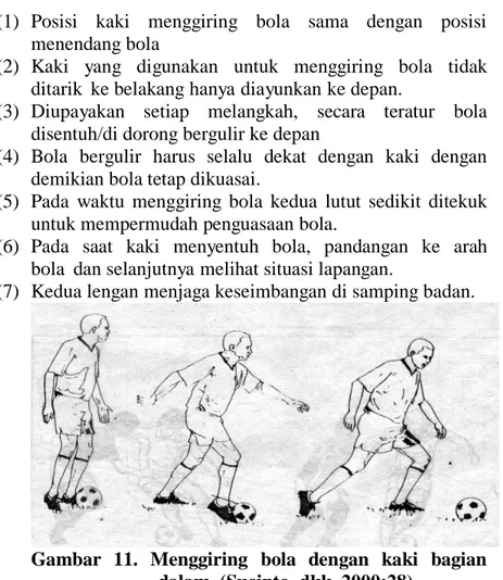 Gambar  11.  Menggiring  bola  dengan  kaki  bagian   dalam. (Sucipto, dkk. 2000:28) 