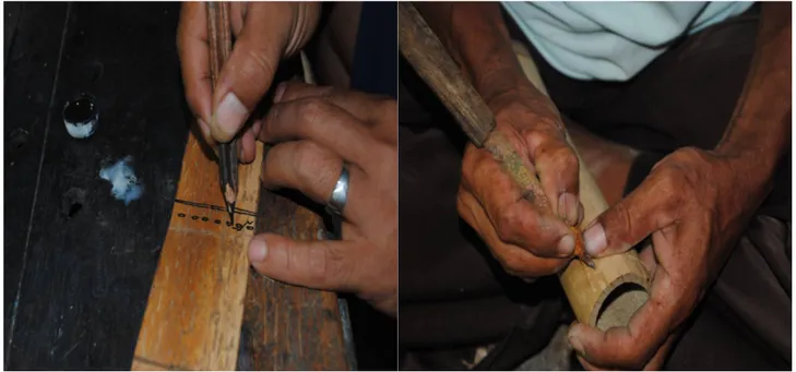 Gambar 4. (kiri) Penulisan Naskah laklak dan (kanan) Penulisan Naskah Bambu.